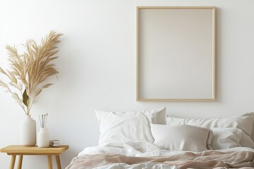 Minimalist bedroom interior with empty frame, white bedding
