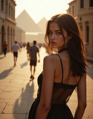 a woman in sexy lingerie in the desert in front of pyramids - generative ai