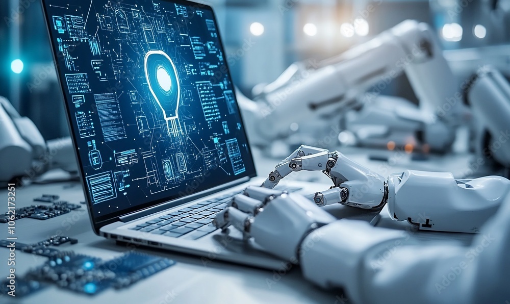 Aufkleber A robotic hand interacts with a laptop displaying a lightbulb icon, symbolizing innovation and technological advancements in a futuristic factory setting.
