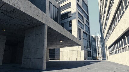 Fototapeta premium Urban Energy: Ultra-Detailed 3D Render of Brutalist Commercial Building with Bold Structure and Busy Surroundings
