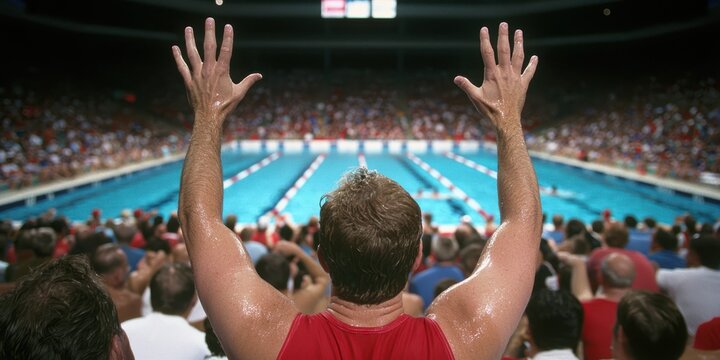 Excited swimmer cheering at a swimming competition in a packed arena.