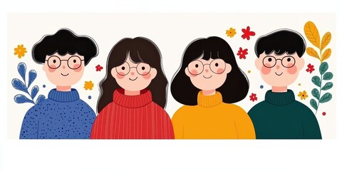 Four diverse friends smiling together, surrounded by colorful floral elements.