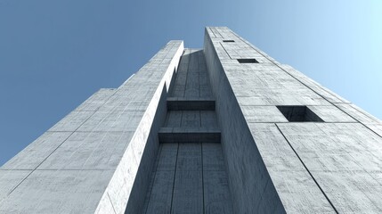 Stunning 3D Render of Imposing Brutalist Skyscraper Against Blue Sky with Ultra-Detailed Architectural Details