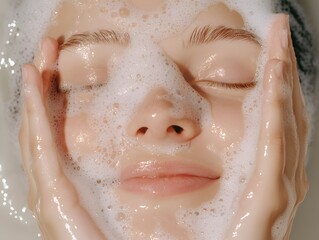 Fototapeta premium Woman Washing Face with Bubbles - Soft Pink Aesthetic