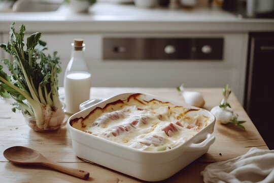 High-detail zoom of Chicons au Gratin with ham-wrapped endives in golden b&eacute;chamel sauce, on a light wooden table with a wooden spoon, fresh endive, and milk bottle. Modern kitchen backdrop adds warmth