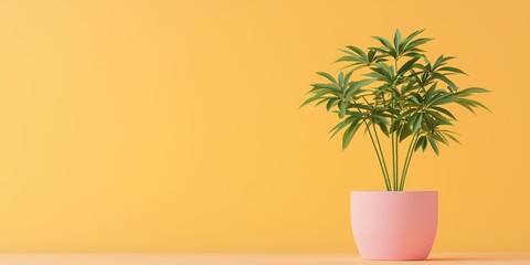 Green plant in a pink pot against a vibrant yellow background.