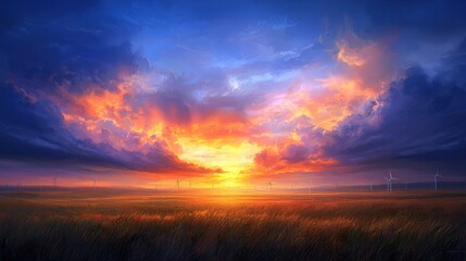 Fototapeta premium Vibrant Sunset Illuminates Vast Landscape with Wind Turbines Under Dramatic Clouds and Colorful Sky