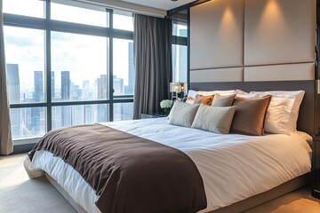 Modern bedroom with large windows and city view