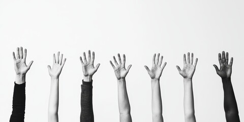 Obraz premium Hands raised in solidarity against a white background.