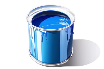 Large open can of blue paint with drips, isolated cutout object with shadow on a transparent background, PNG.