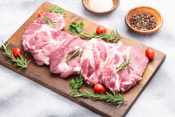 Neck of raw pork meat . Top view