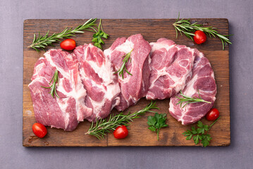 Neck of raw pork meat . Top view