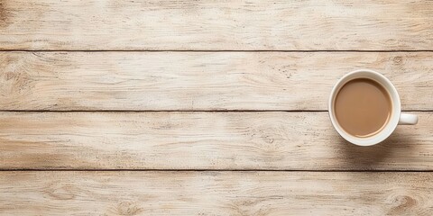 Hot coffee cup on wooden table, minimalist and cozy ambiance.