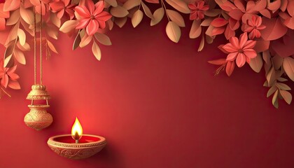 Diwali background with Indian flower ornament hanging and oil lamp on a red color background, 3D illustration,generative ai