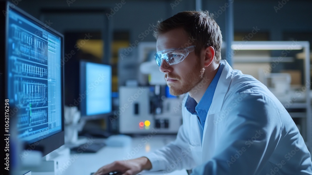 Poster a scientist in a lab coat and safety goggles works on a computer.