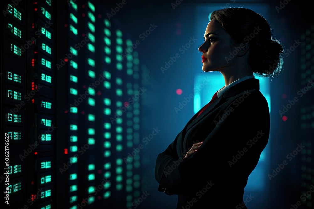 Poster professional woman analyzes data in high-tech server room with focus on security and performance