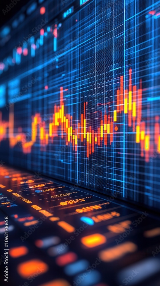 Aufkleber dynamic stock market graph displaying fluctuating data with vibrant colors and sharp lines on a digi