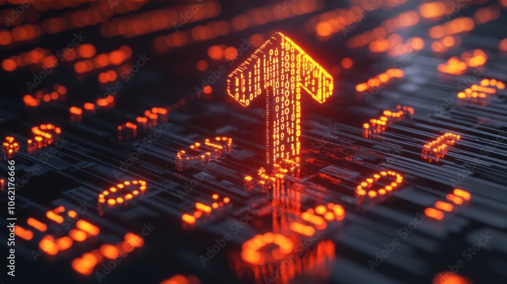 Poster an illuminated arrow made of binary digits points upwards, representing growth or progress in a tech