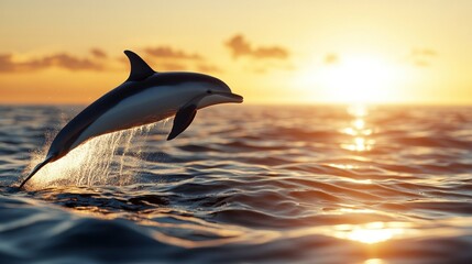 A dolphin leaps joyfully from the calm waters, creating splashes as the sun sets, casting a warm golden hue across the ocean on a peaceful evening