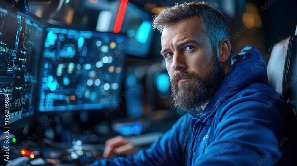 Poster a dedicated analyst sits at his workspace surrounded by high-tech screens displaying data and visual