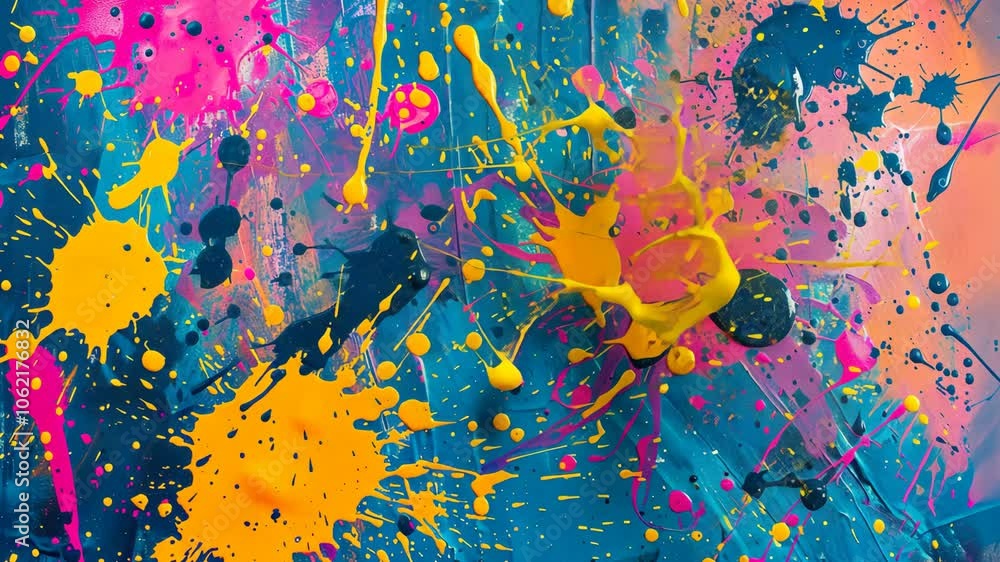 Poster a colorful abstract paint splatter pattern on a blue background