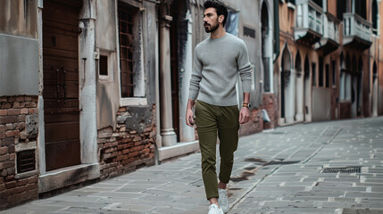 A man walks along the street of the old city
