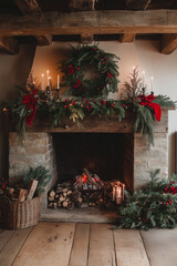 A cozy Christmas fireplace, adorned with twinkling lights, flickering candles, and festive stockings, creates an enchanting holiday atmosphere