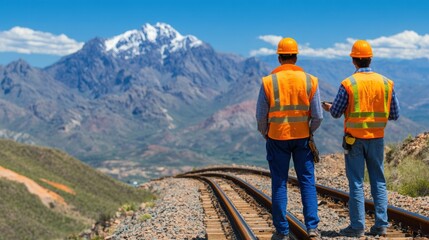 Two construction workers wearing safety gear observe the railway tracks stretching through a mountainous area, with stunning snow-capped mountains in the background under a bright sky