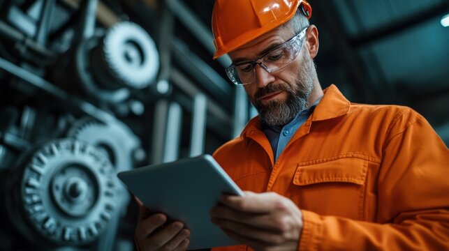 Engineer with a digital tablet examining robotic systems in a factory, symbolizing the integration of digital monitoring in modern manufacturing processes - Powered by Adobe