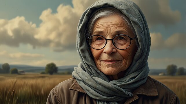 An elderly woman wearing glasses and a headscarf gazes thoughtfully while standing in a beautiful golden field under a calm sky with clouds