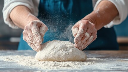 Obraz premium A skilled baker carefully dusts flour over a lump of dough, preparing for the next steps in bread-making. The warm kitchen highlights the artistry of the baking process