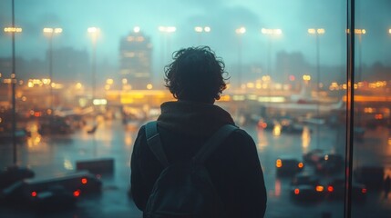 Man waiting for a delayed flight at the airport, representing the frustrations of travel and daily inconveniences