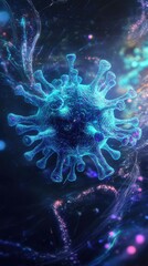 Abstract representation of a virus on a colorful digital background.