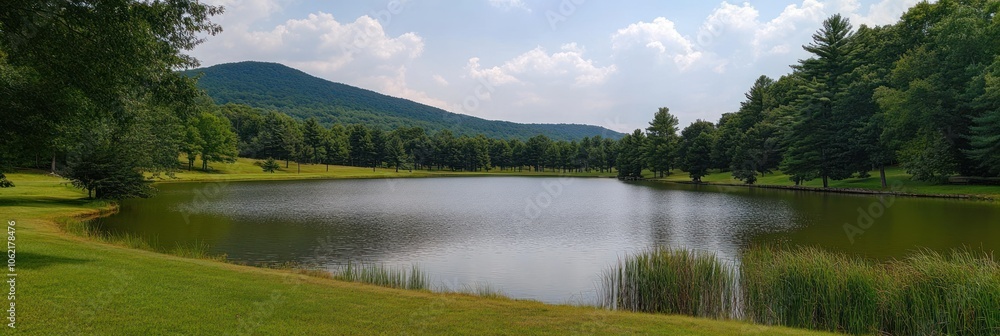 Poster tranquil lake with a view of a mountain range in the distance.