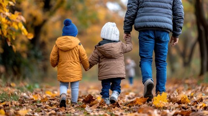 A father holds hands with his two children as they stroll through a forest blanketed in vibrant autumn leaves, reveling in the beauty of the season and family bonds