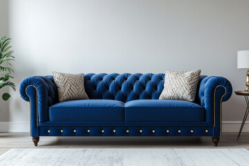 Elegant blue tufted sofa with decorative pillows in a contemporary living room