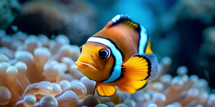 A vibrant underwater scene featuring a yellow nemo fish swimming in a colorful aquarium filled with coral and tropical marine life