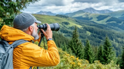 A man wearing an orange jacket and a grey beanie focuses on taking pictures of the stunning mountain scenery under a partly cloudy sky, surrounded by lush greenery