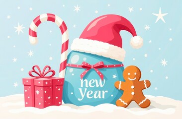 Christmas Greeting card with text "New Year", blue background. Postcard with Santa Claus hat, Gift Box, candy cane and gingerbread. Flat Colourful illustration, cartoon style