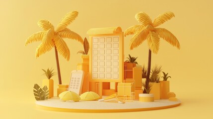 Obraz premium Colorful tropical scene with yellow building and palm trees against a bright background.