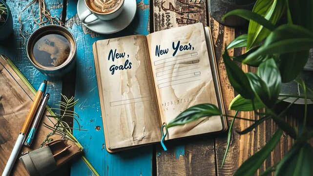 Setting new goals for the year with coffee and inspiration at a cozy workspace