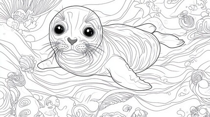 Fototapeta premium A Detailed Line Drawing of a Seal Pup Swimming in the Ocean