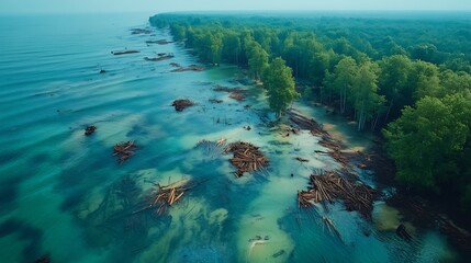 Aerial view of ancient shorelines permanently altered flooding submerged forests and the remains of wooden dwellings buried beneath tidal debris