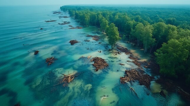 Aerial view of ancient shorelines permanently altered flooding submerged forests and the remains of wooden dwellings buried beneath tidal debris
