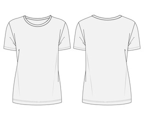 Basic Women's T-Shirt CAD Vector Illustration Mock Up Front and Back View Blank Crew Neck Short Sleeve Tee	