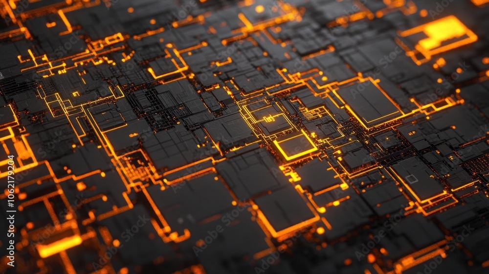 Poster a detailed abstract composition features glowing orange lines intertwined within a grid of dark geom
