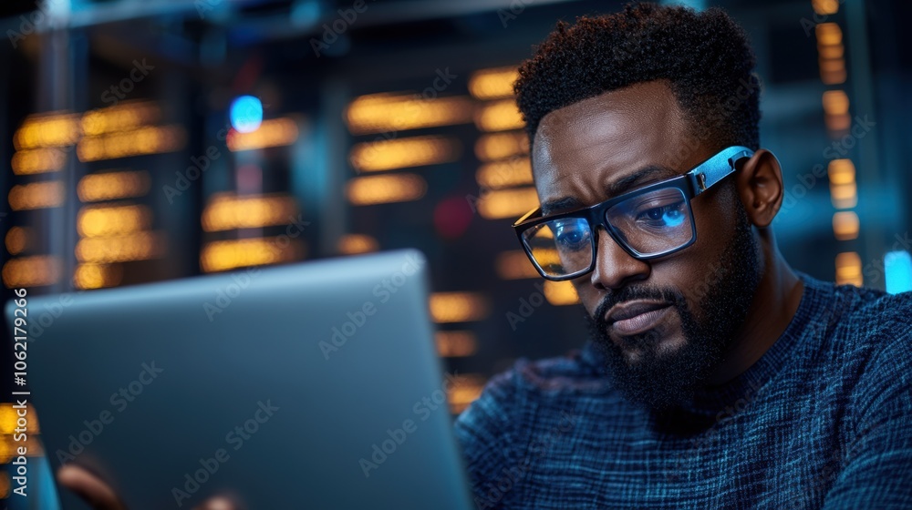 Poster an individual with glasses looks deeply concentrated while using a laptop in a tech workspace, illum
