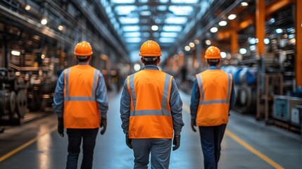 Team of factory workers wearing safety gear, preparing for a shift change, representing the emphasis on workplace safety in industrial environments