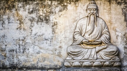 A detailed carving of a meditating man with a long beard on a weathered stone wall. The sculpture appears to be an ancient and historical piece. for philosophy quotes, copy space
