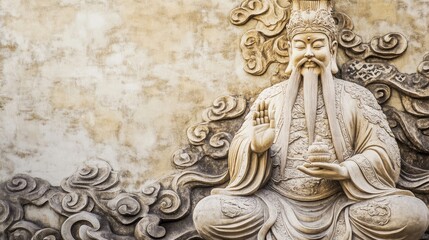 A detailed stone carving of a man with a long beard in a contemplative pose, surrounded by intricate cloud designs. for philosophy quotes, copy space